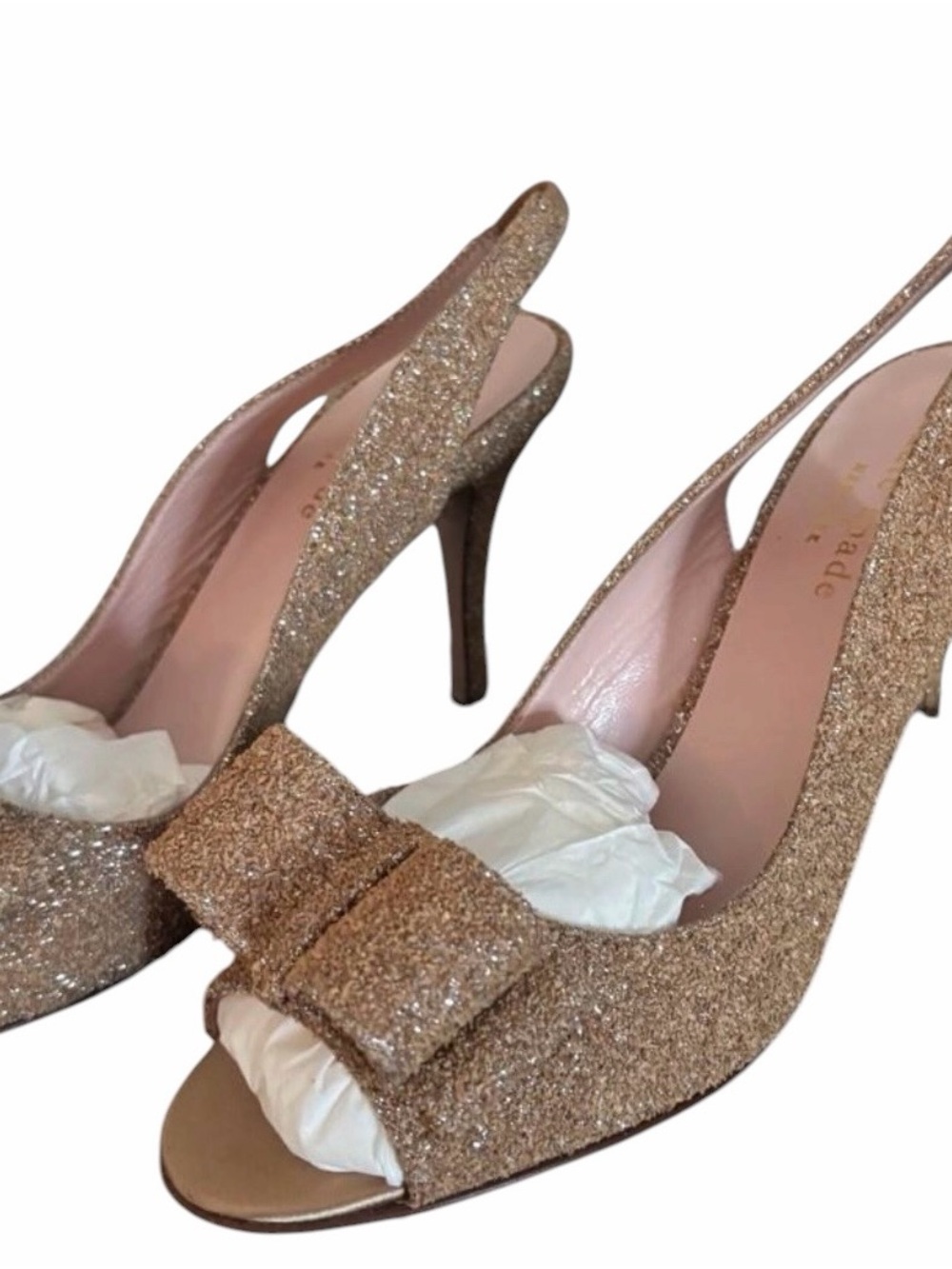 kate spade Gold Glitter Slingback Heels with Bow Peep Toe Size 7